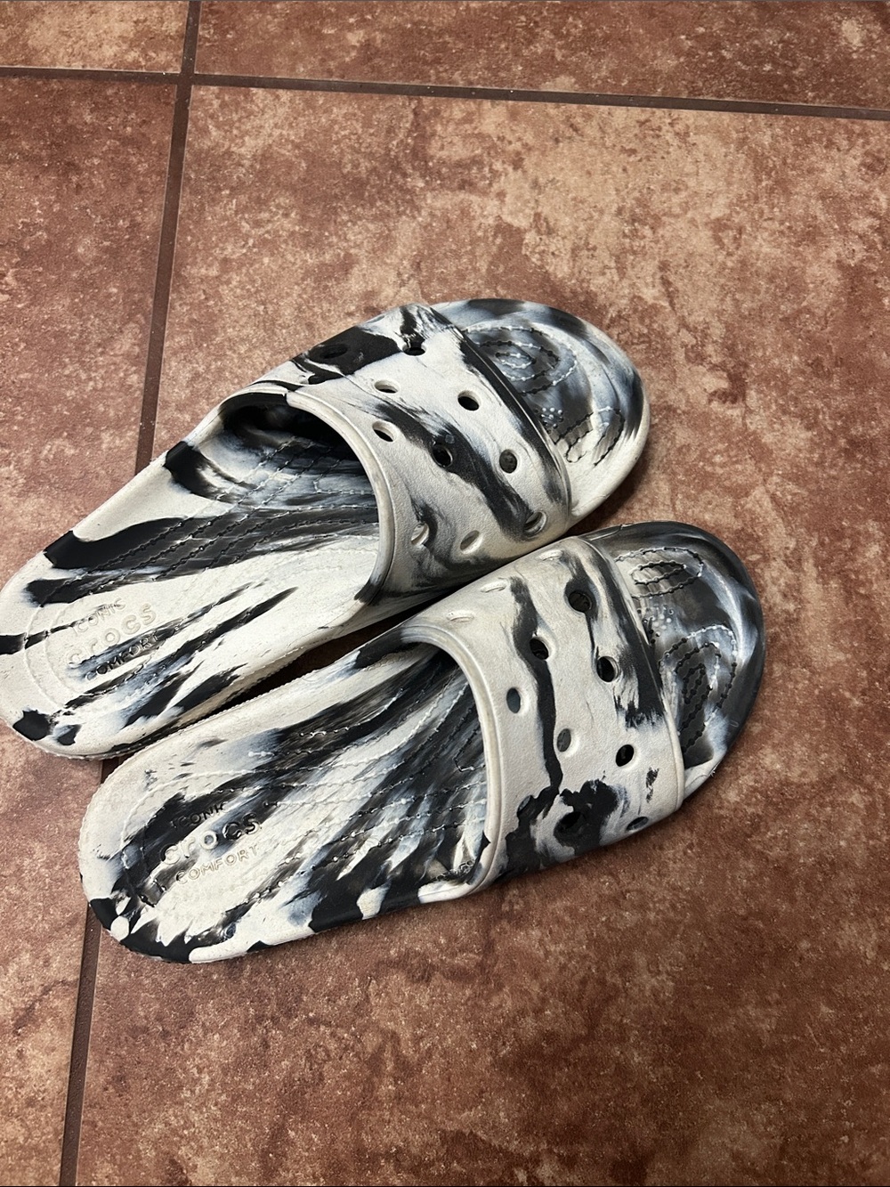 CROCS Black and White Marbled Slide Sandals